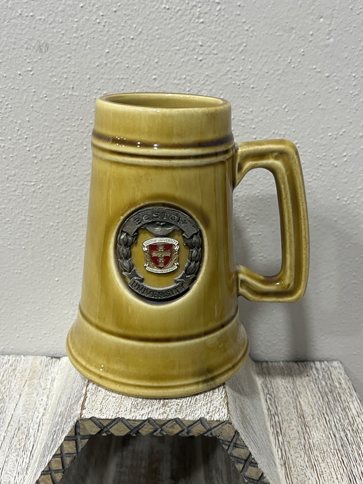 Vintage Boston University Ceramic Beer Stein Mug 3D Metal Crest Logo Gold Glaze