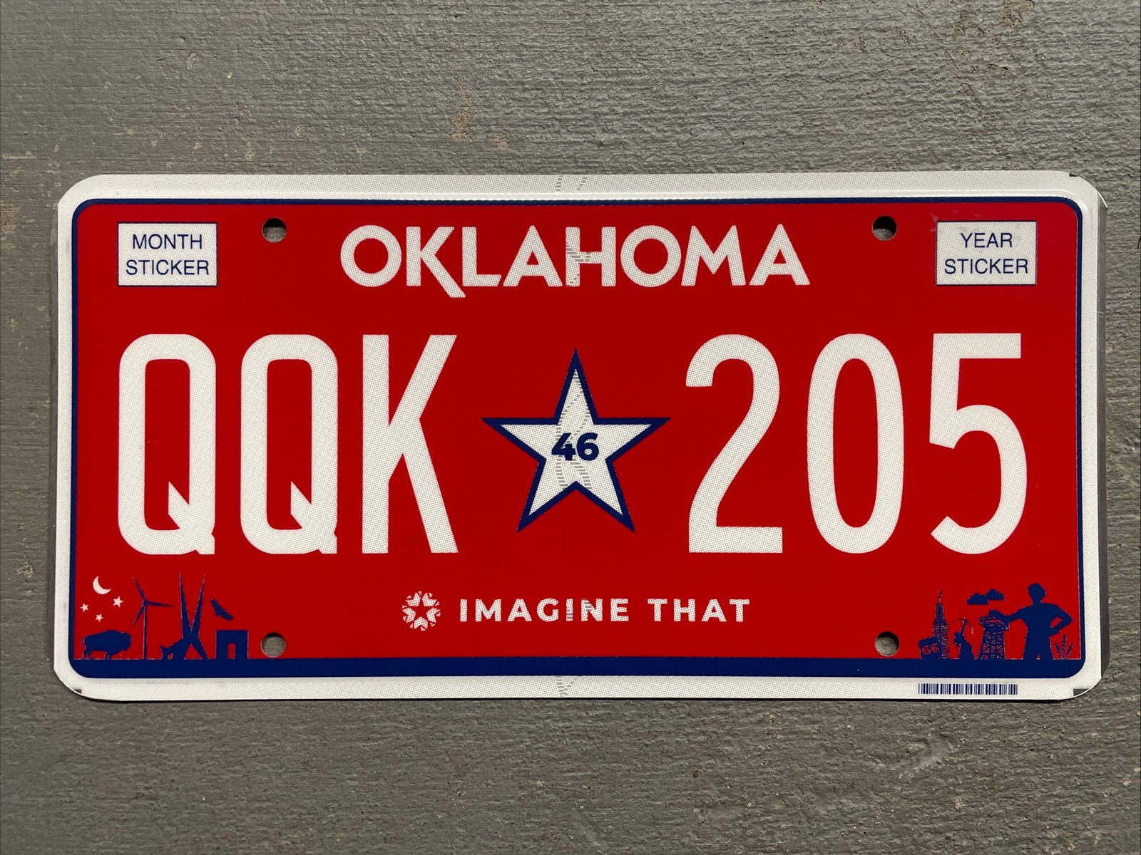 OKLAHOMA LICENSE PLATE RED IMAGINE THAT /46 STATE  RANDOM LETTERS/NUMBERS MINT