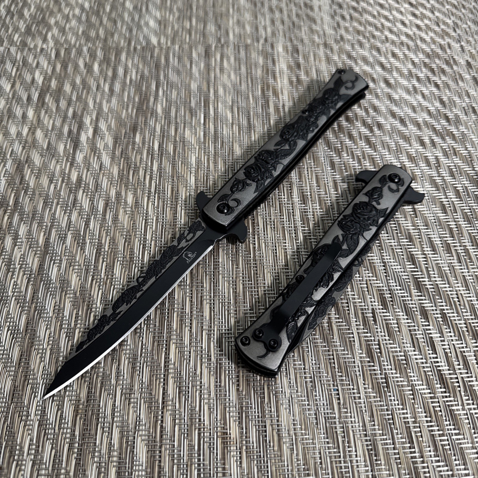 9” Black Rose Flower Tactical Spring Assisted Open Blade Folding Pocket Knife