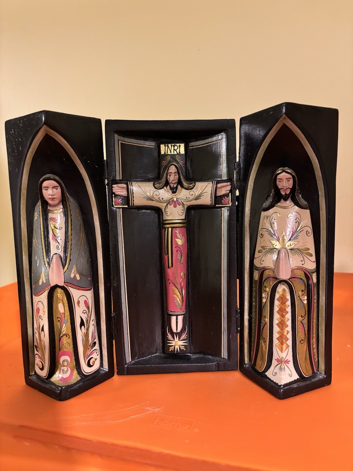 wood carved triptych altar icon etched 3 panel hand painted 9 X 6”