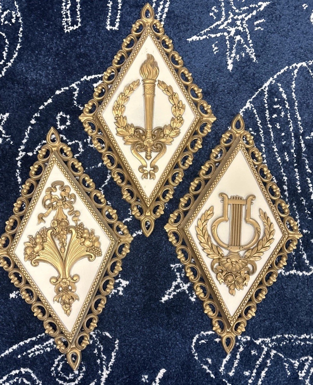 Vintage 1971 Homco Diamond Shaped Hollywood Regency Wall Decor, Set of 3