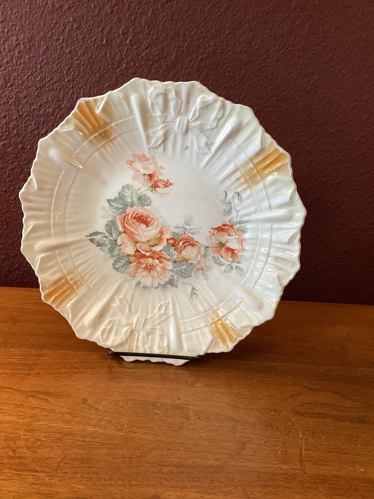 Vintage German Porcelain Lusterware Serving Plate PeachRoseScalloped EmbossedRim