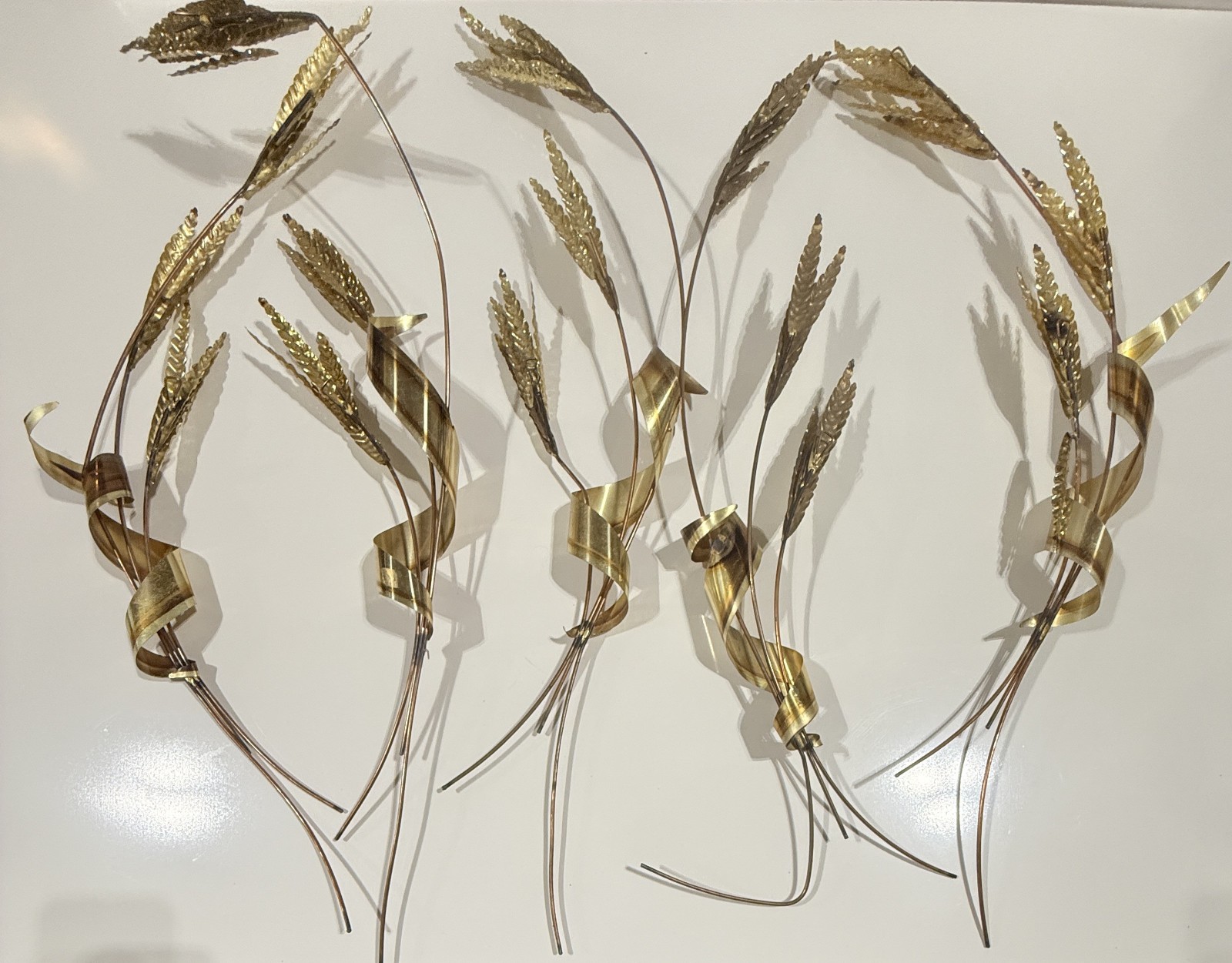 Set/5 Vintage MCM Hanging Brass Copper Metal Wheat Sheaf Wall Art