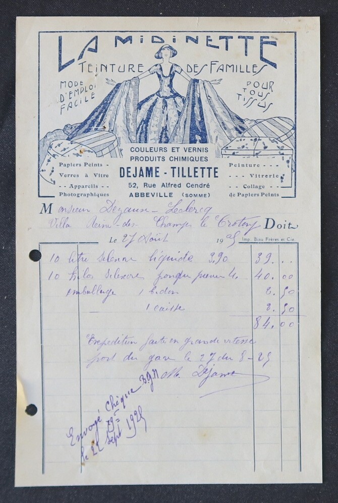 1908 ABBEVILLE LA MIDINETTE Billhead Family Dye Invoice 112 1908 ABBEVILLE LA MIDINETTE Billhead Family Dye Invoice 112