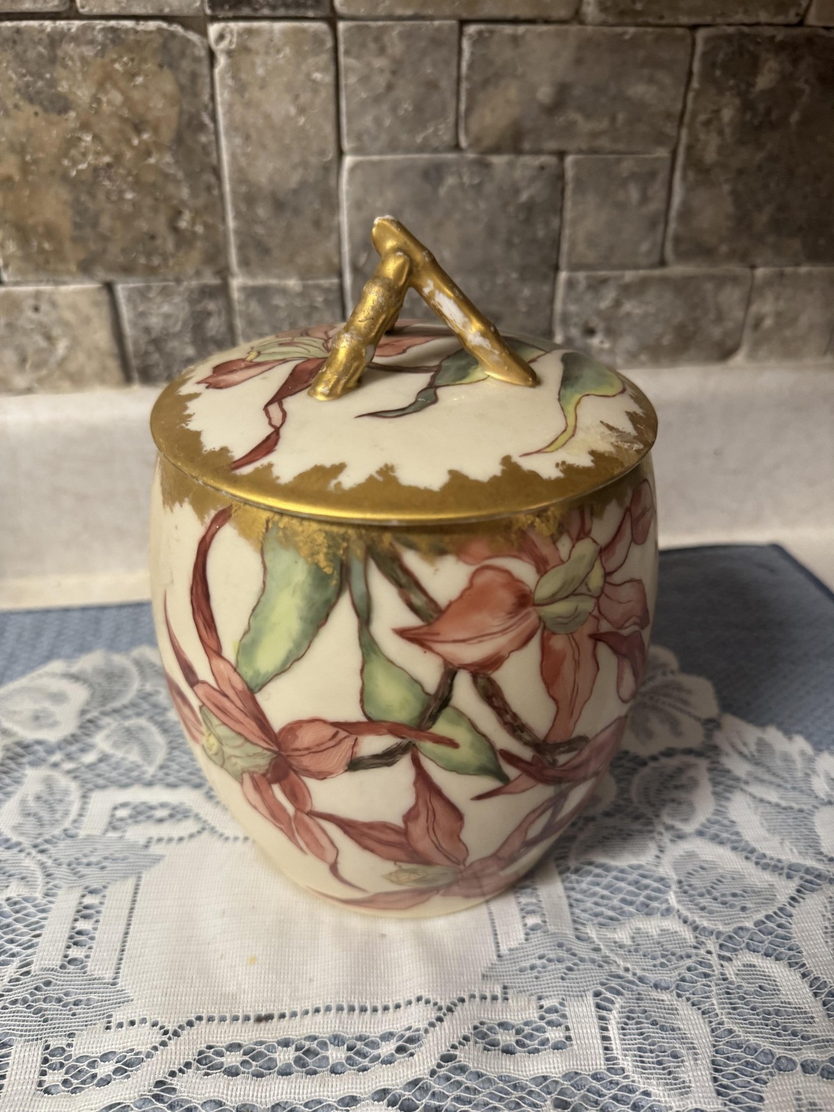 Vintage Nippon Porcelain Lidded Jar Hand Painted Gold Trim Floral Japan Art Deco