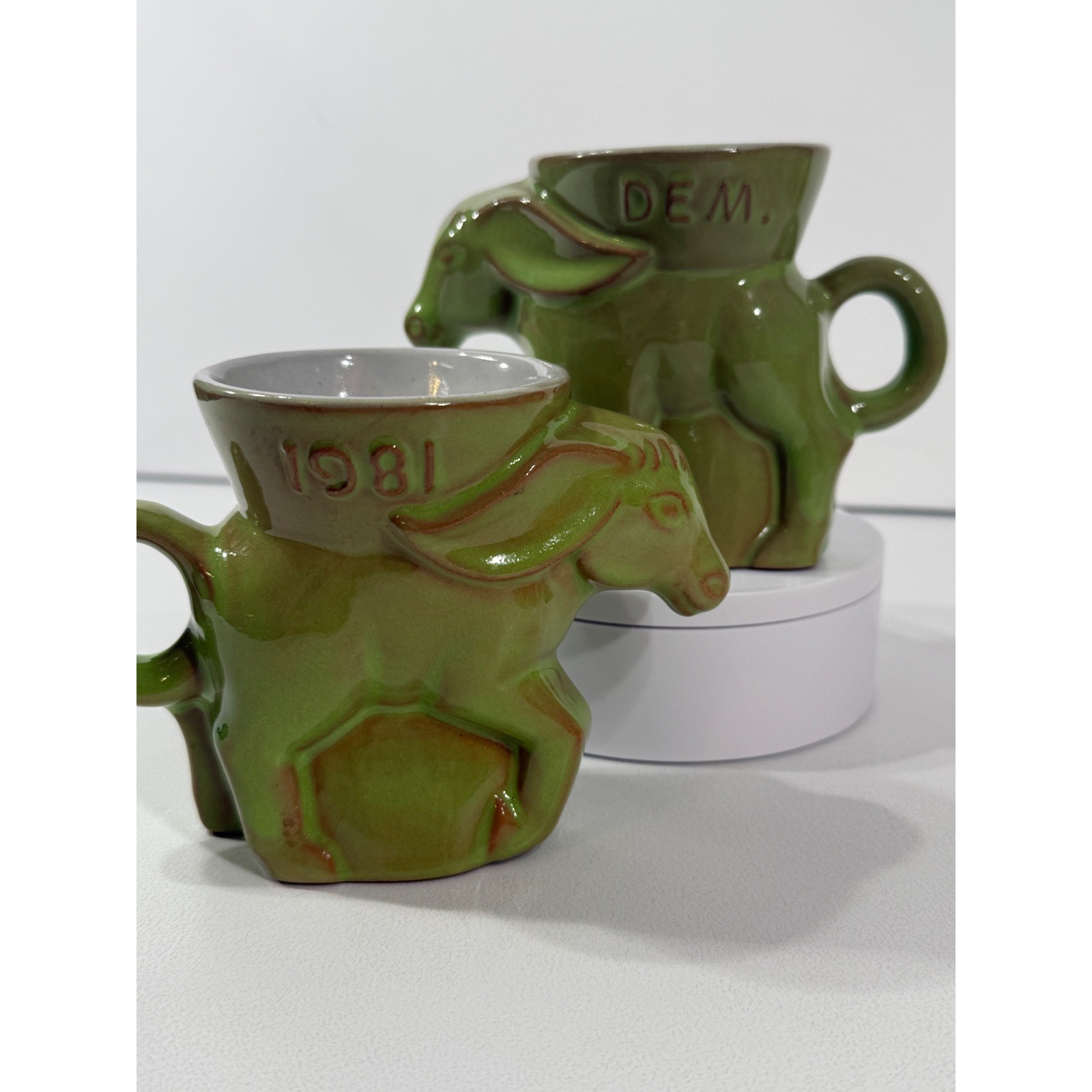 Frankoma Pottery 1981 Democratic Donkey Mugs Set of 2 Green Glaze DG05-739