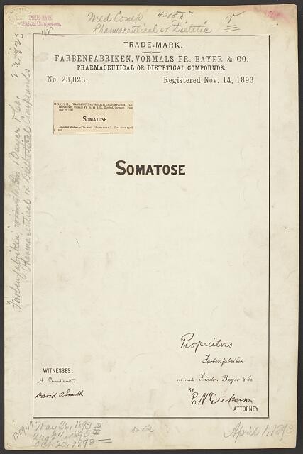 New York NY 1893 Somatose Bayer Pharmaceutical Trademark Registration
