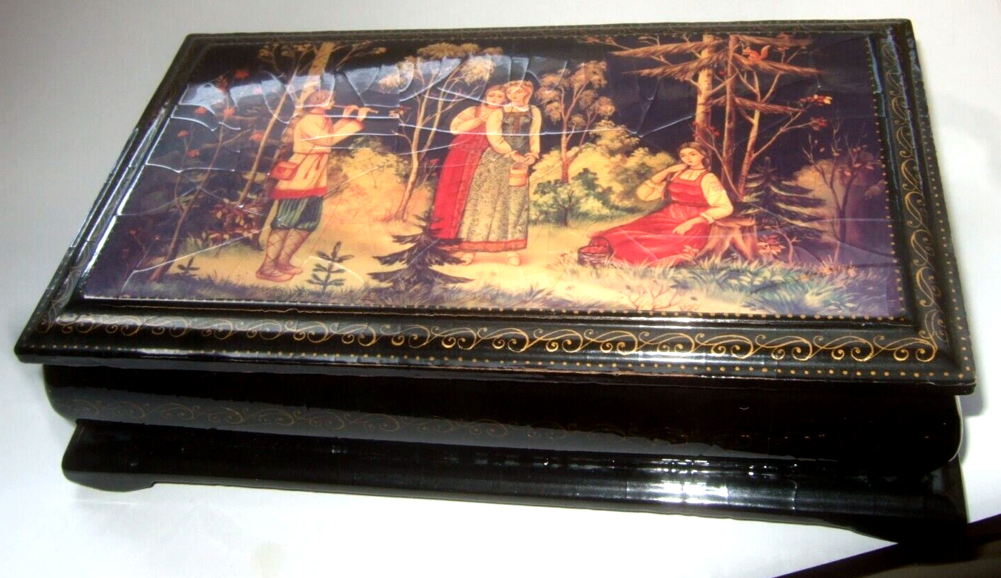 Russian Lacquer Box Black With Scene Vintage USSR Russian Lacquer Box Black With Scene Vintage USSR