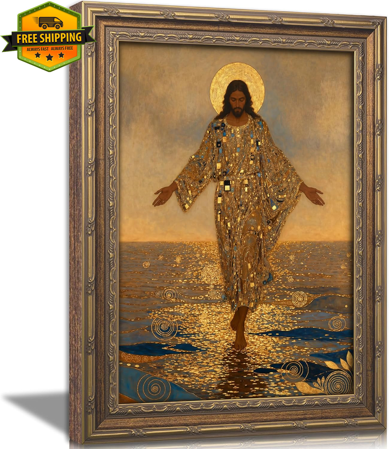 Vintage Gold Framed Jesus Wall Art Jesus Walking on Water Canvas Print