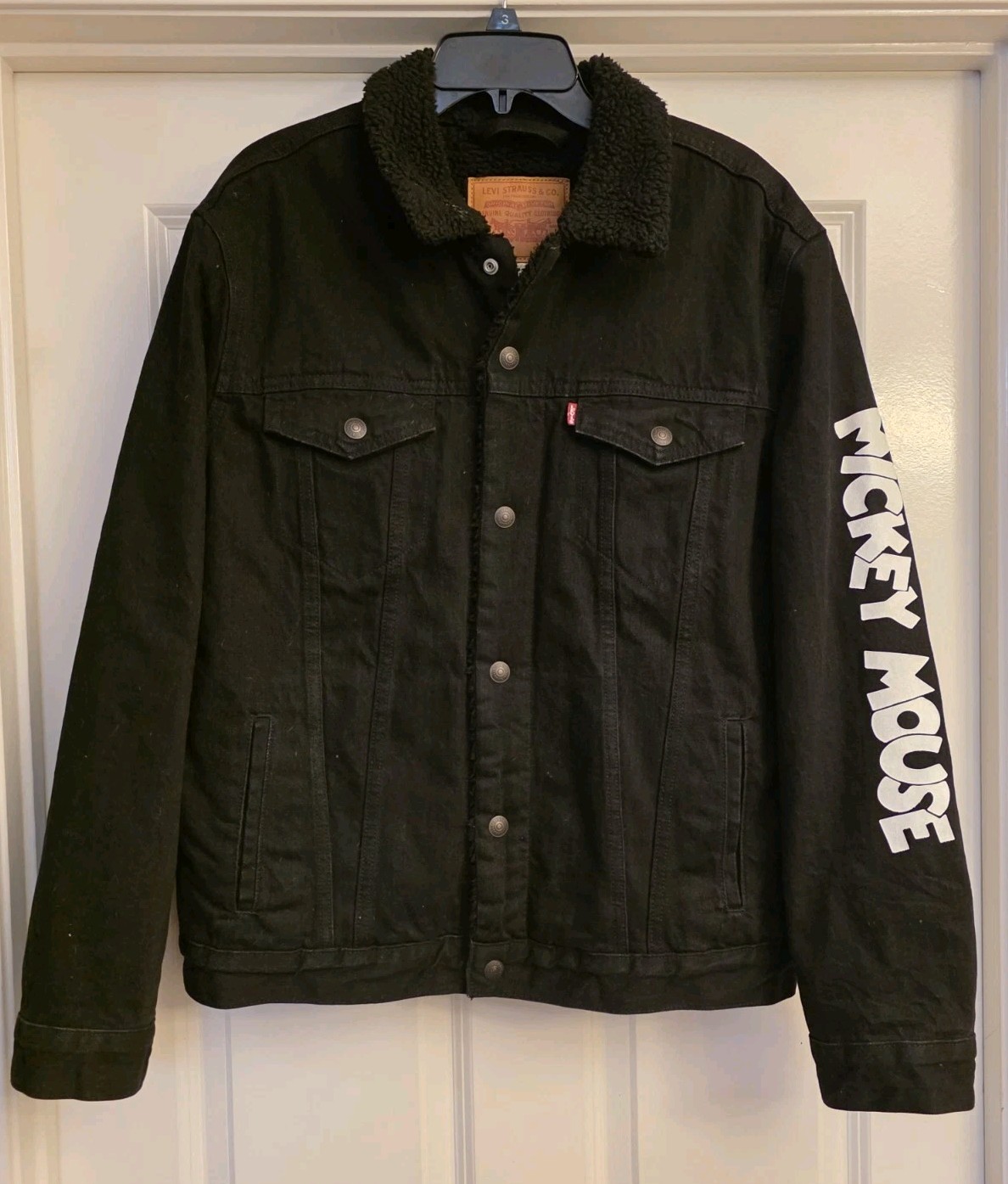 Levi's Disney Collab Black Denim Jean Jacket Mickey Mouse Sherpa Lined Size...