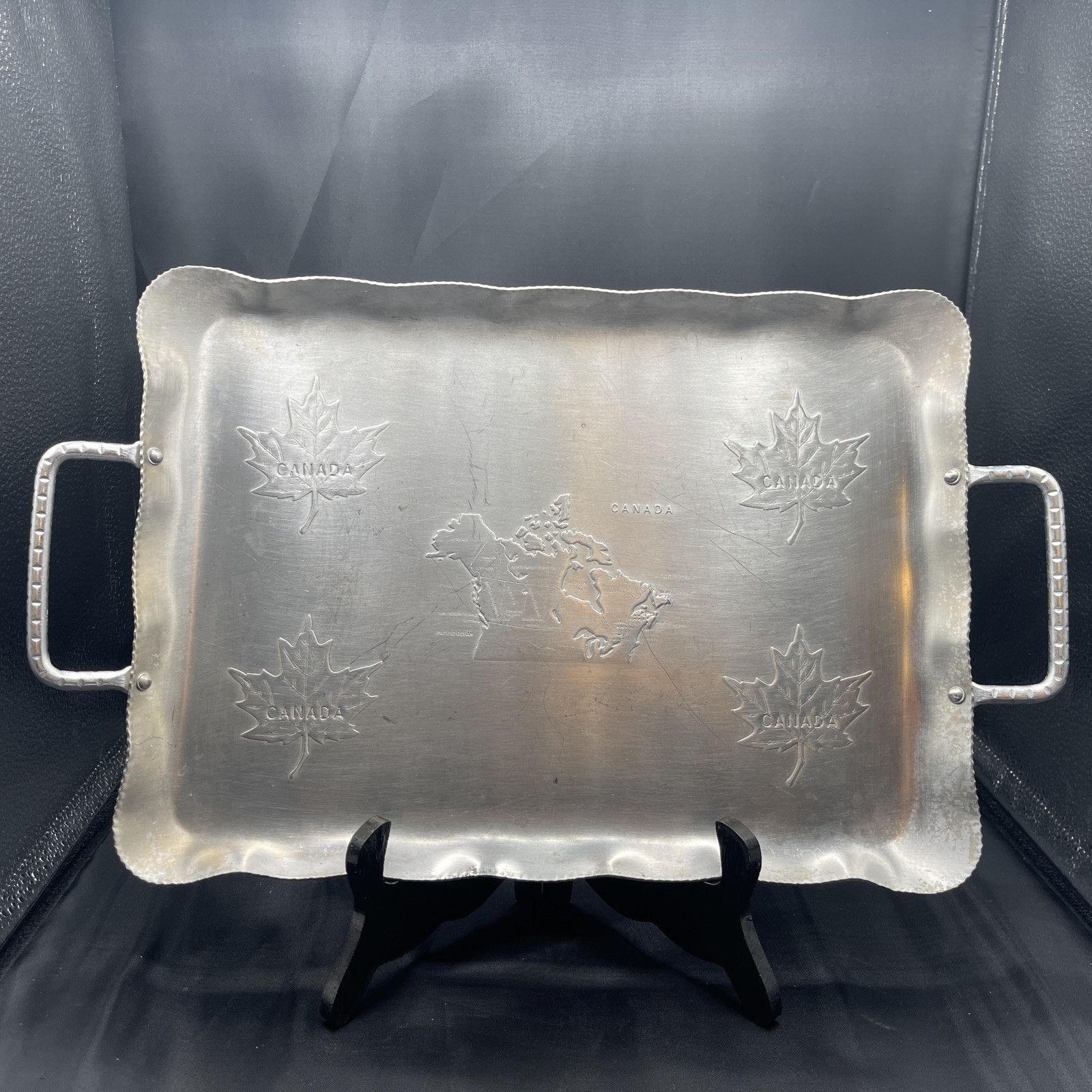 Vintage Souvenir Aluminum Serving Tray Canada, Maple Leaf.  17” X 10”.