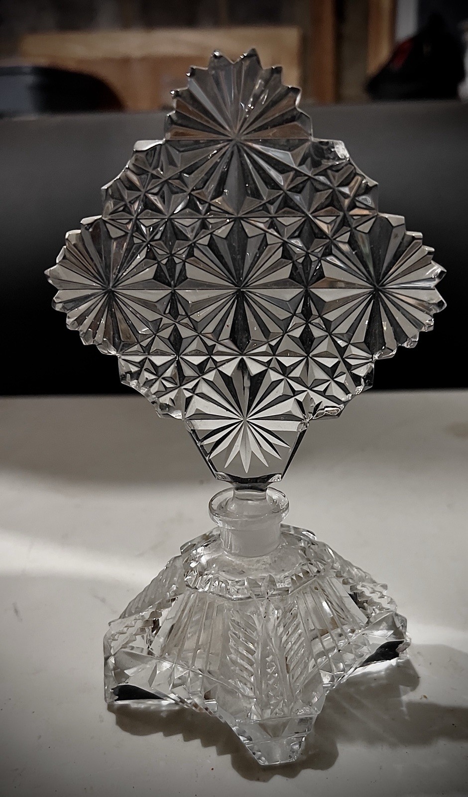 Vintage Bohemian Czech Art Deco crystal clear cut glass perfume bottle 8’’ H