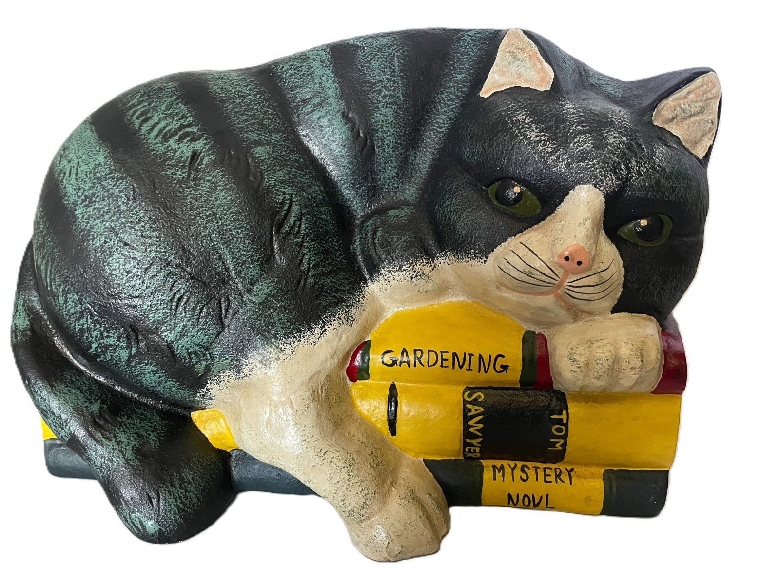 Cast Iron Cat Doorstop Lying On Tom Sawyer & Gardening Books Heavy Cast Iron Cat Doorstop Lying On Tom Sawyer & Gardening Books Heavy