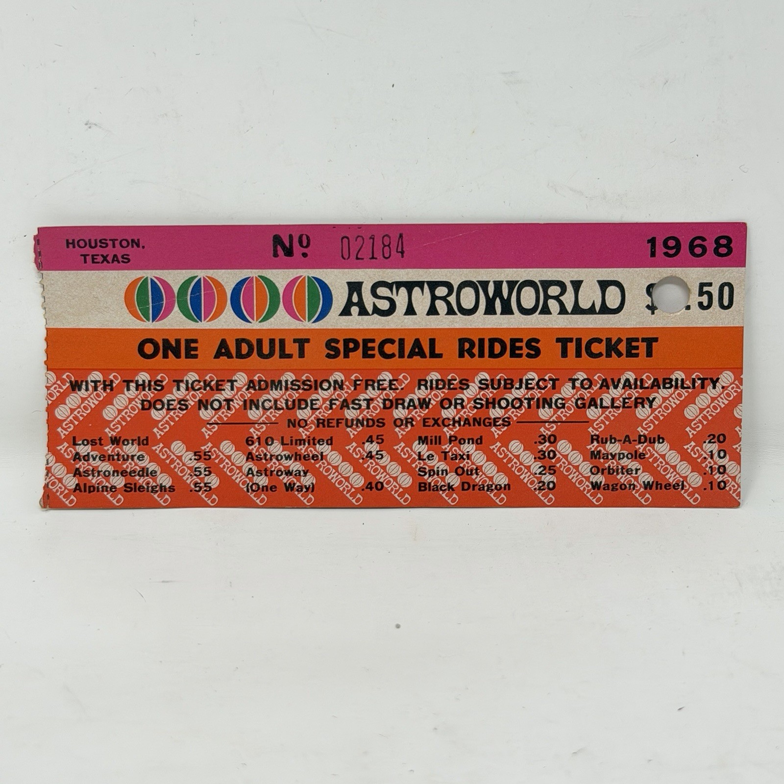 Rare 1968 Astroworld One Adult Special Ride Ticket Houston Opening Year