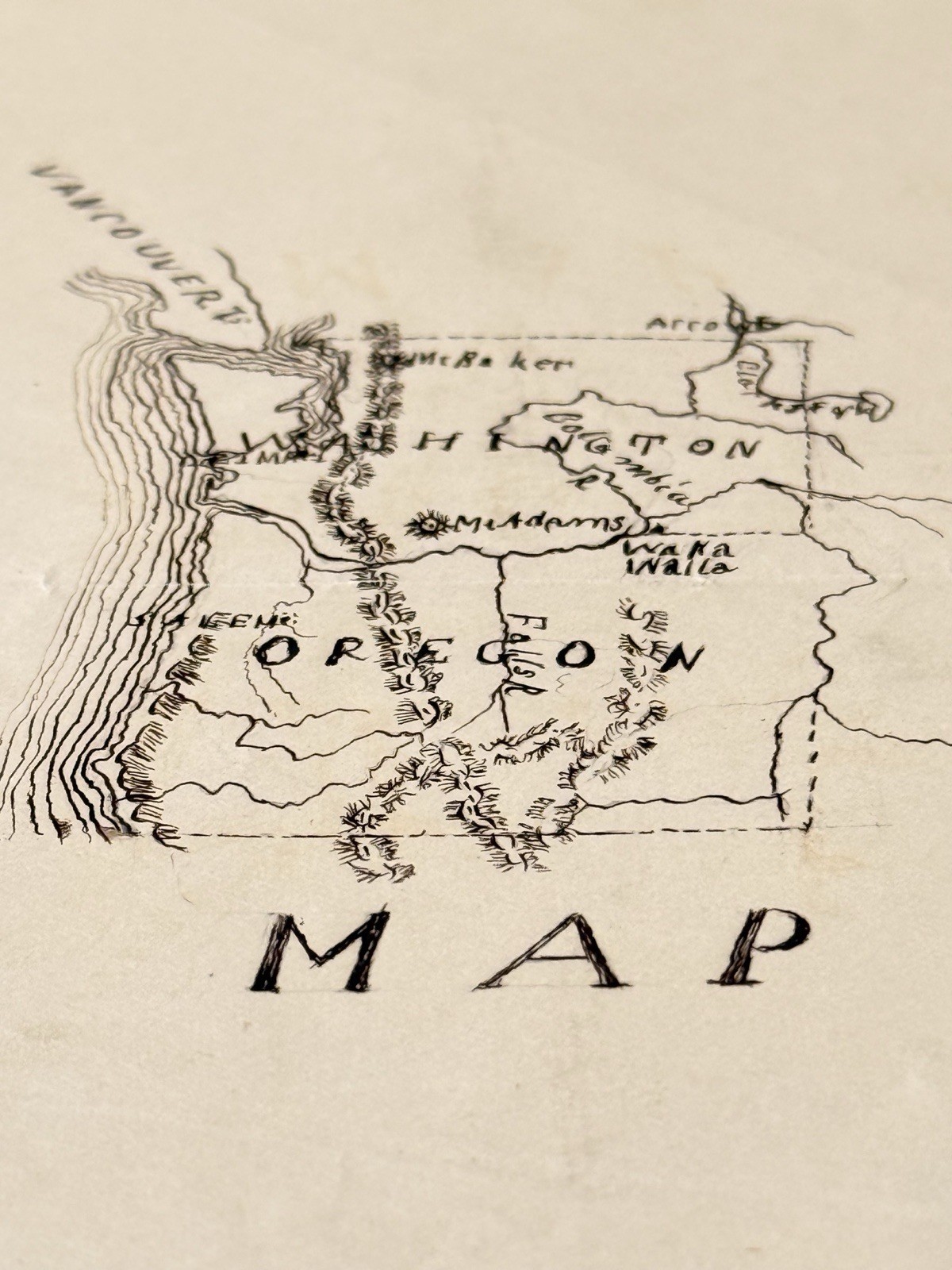 1873 Signed Manuscript Map Oregon Washington S.M. Curwen Student Cartography
