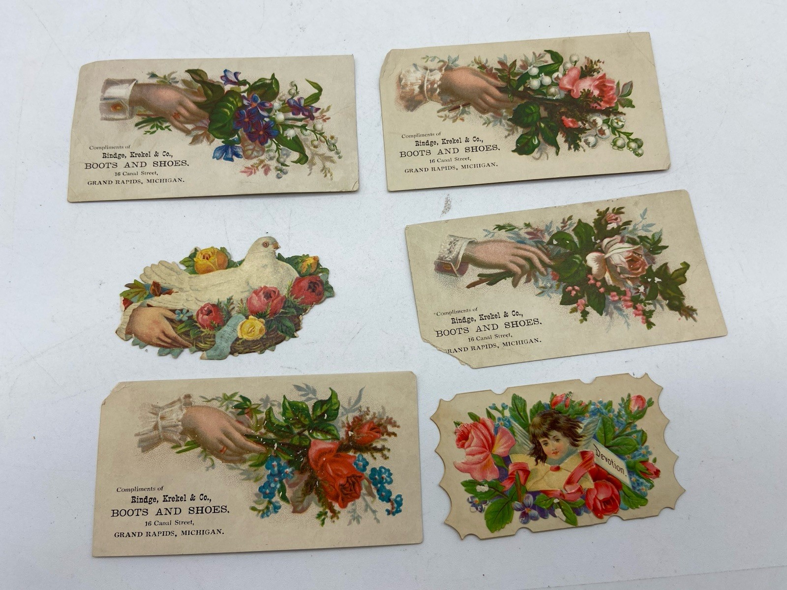 Old embossed calling cards lot floral Rindge Krekel Boots Grand Rapids Michigan