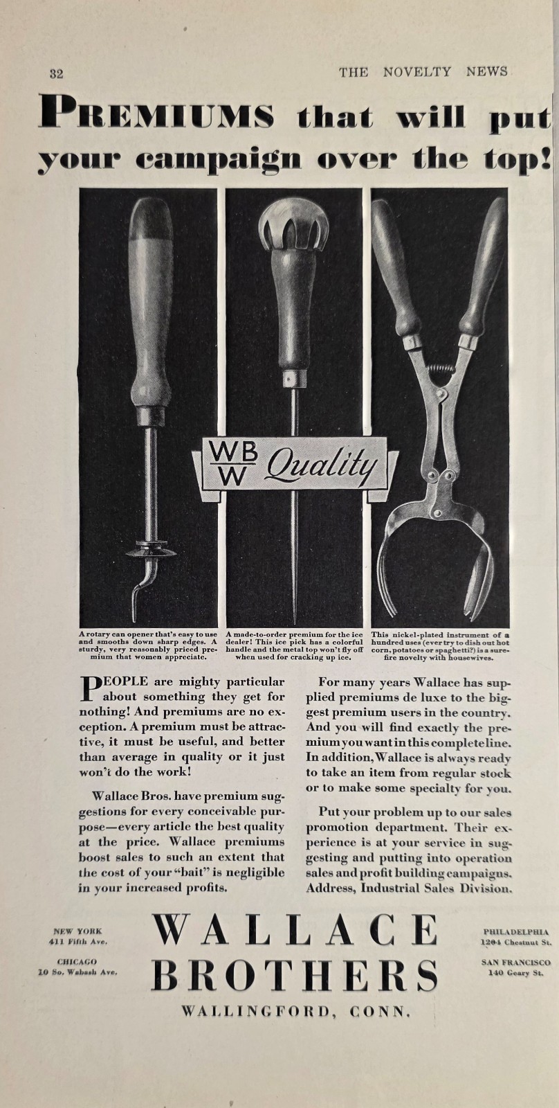 1931 Print Ad Wallace Brothers WB Rotary Can Opener,Ice Picks Wallingford,CT