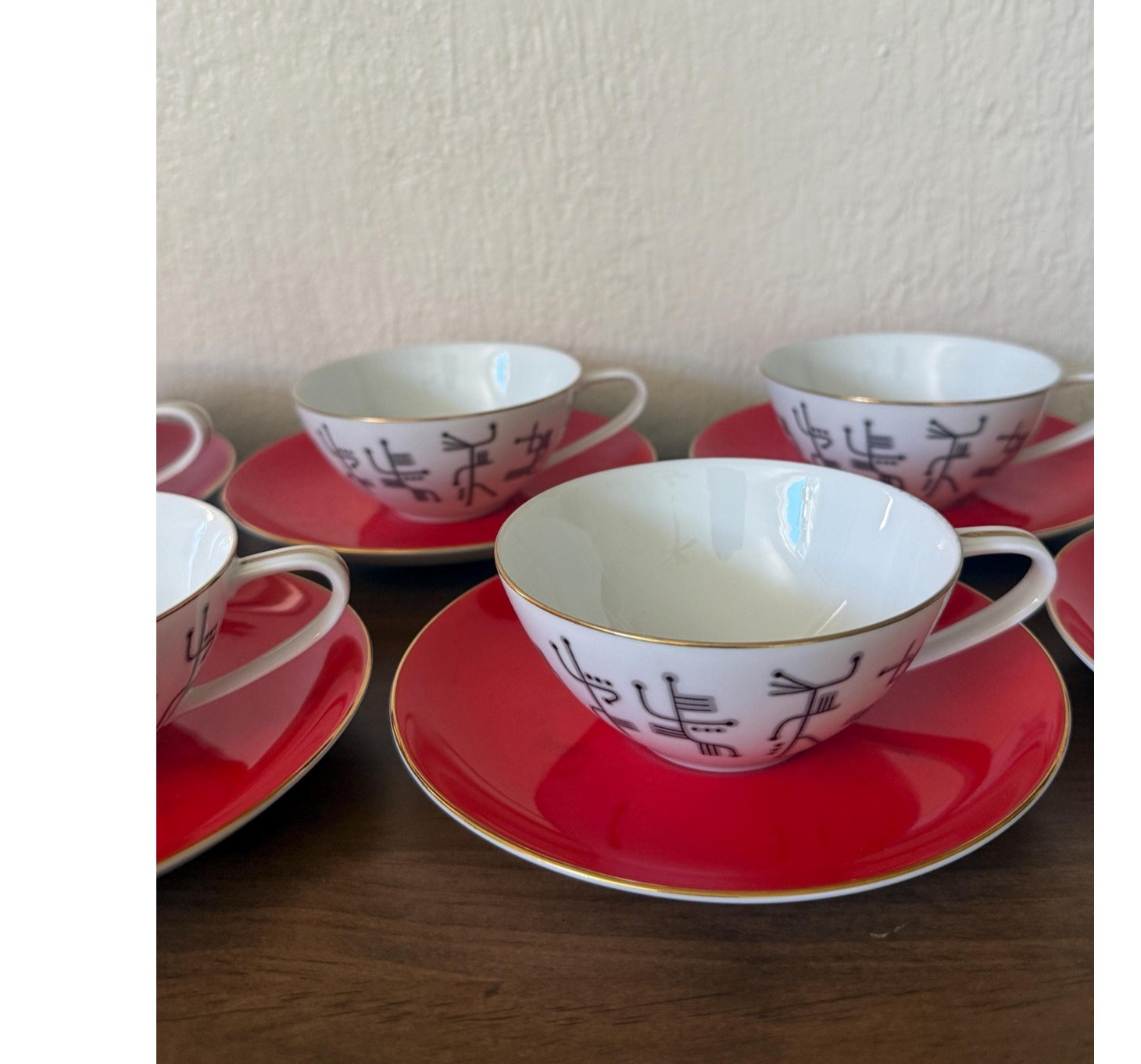 Rare 1950s Noritake Tea Cup Saucer Set 6 Red Black Gold MCM Japan