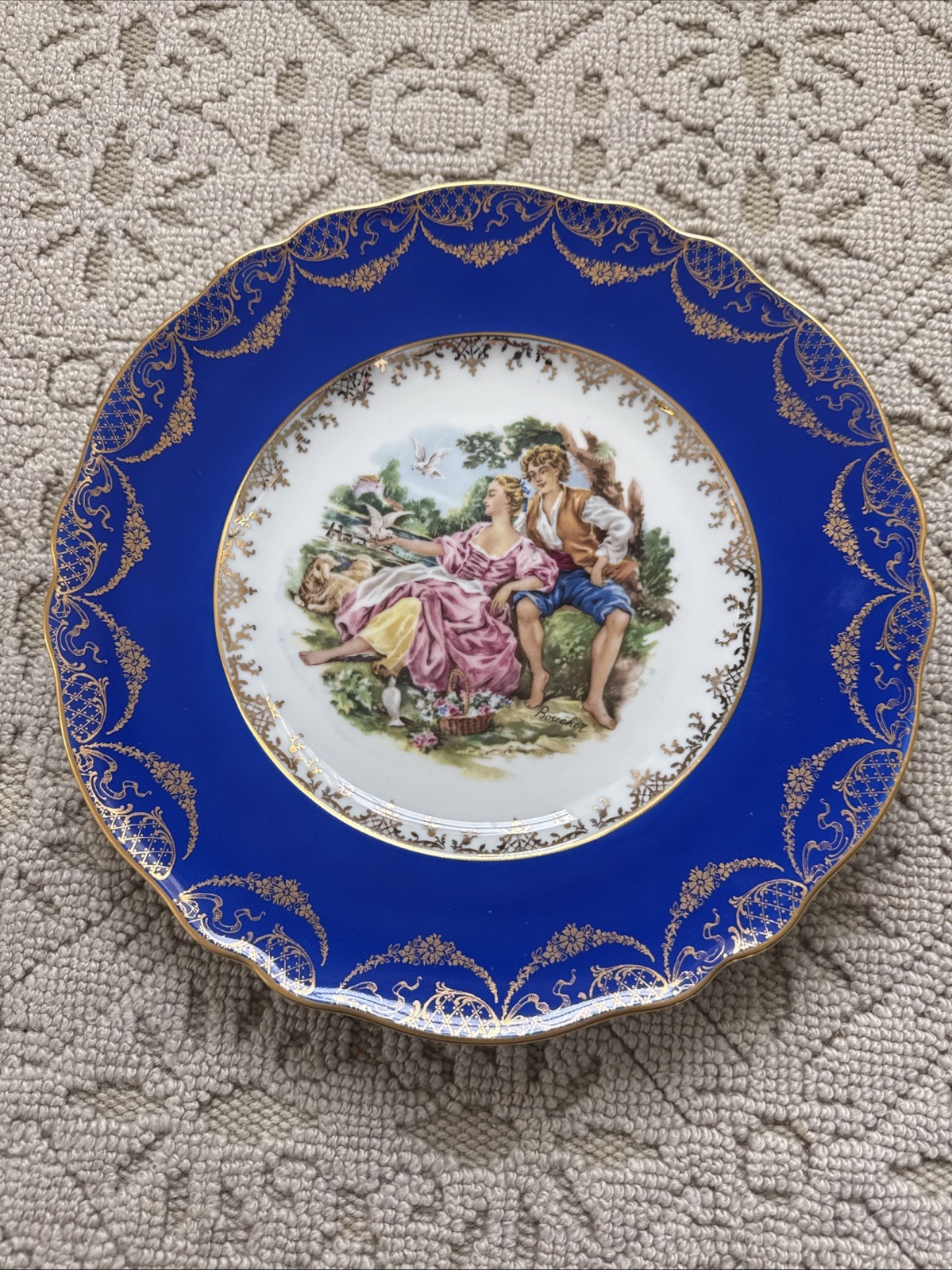 A Vintage Cobalt Blue Josef Kuba Porcelain Plate Pastoral scene JKW West Germany A Vintage Cobalt Blue Josef Kuba Porcelain Plate Pastoral scene JKW West Germany