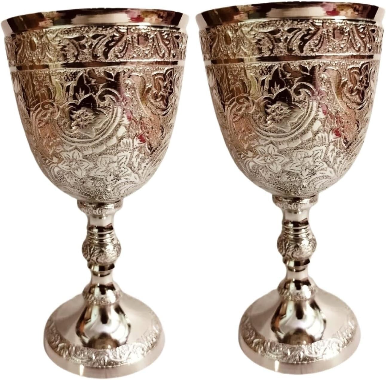 Brass Goblet Wine Glass Set, 7 oz Embossed Champagne Flutes, 2 Pieces