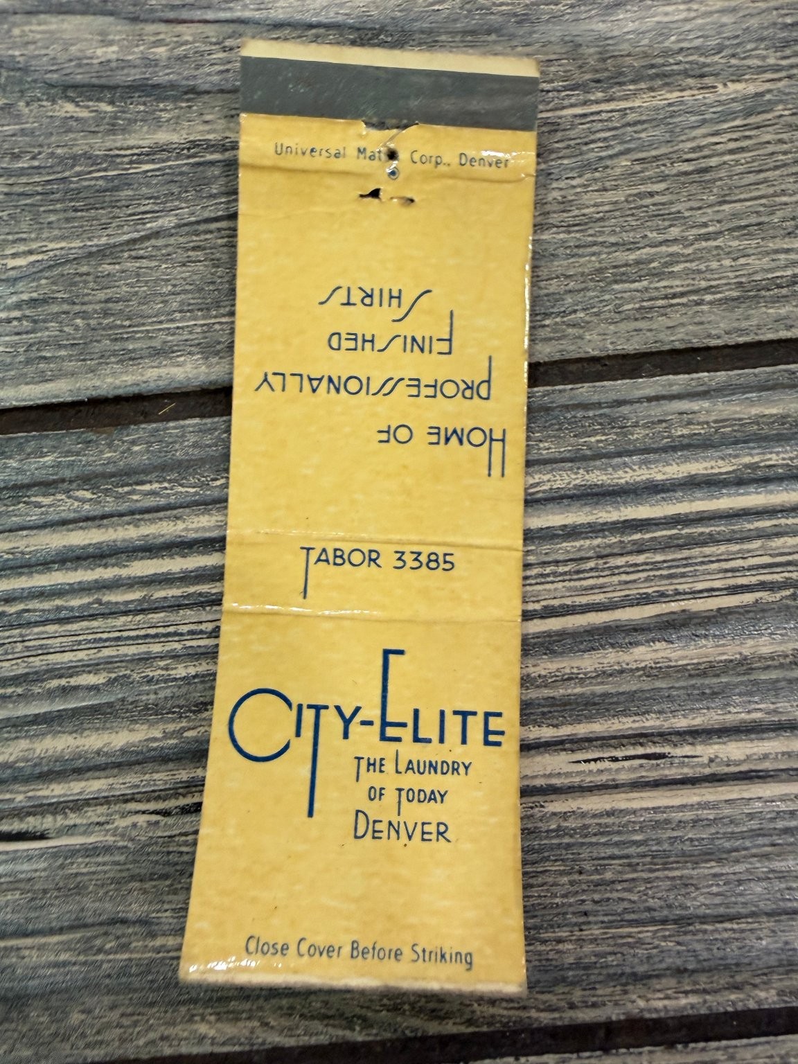 City-Elite Sanitone Dry Cleaning Denver Vintage 1940s-50s Yellow Blue Matchbook