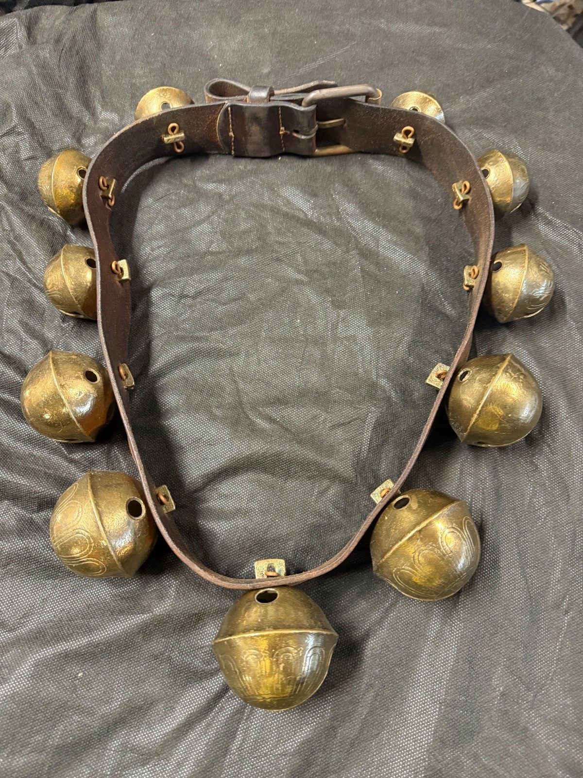 Vintage 11 Graduated Numbered Cast Brass Sleigh Bells Leather Strap #6-12