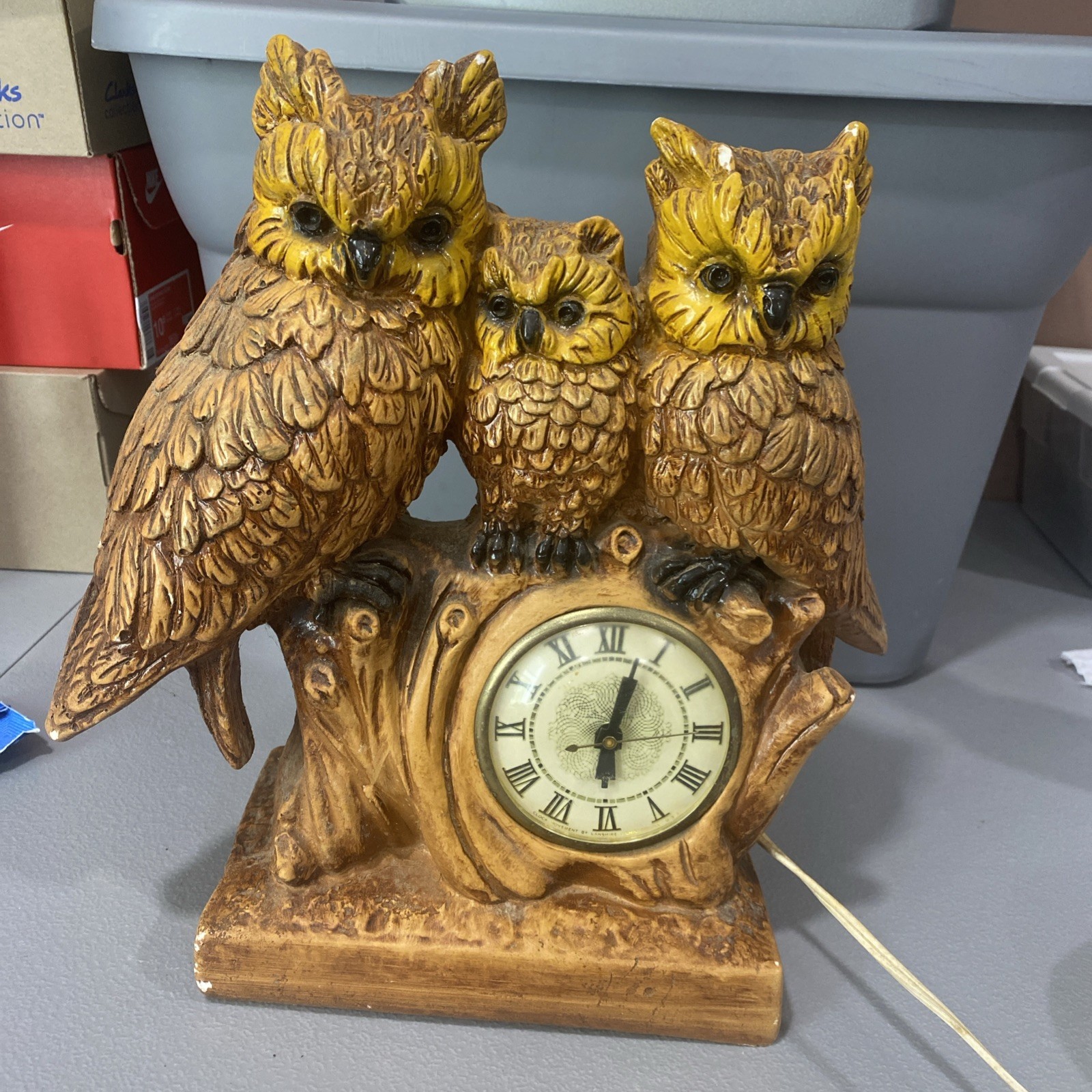 Vintage 1950’s Chalkware Figural Owls Mantel Shelf Clock 12.5” Tall, Not Working