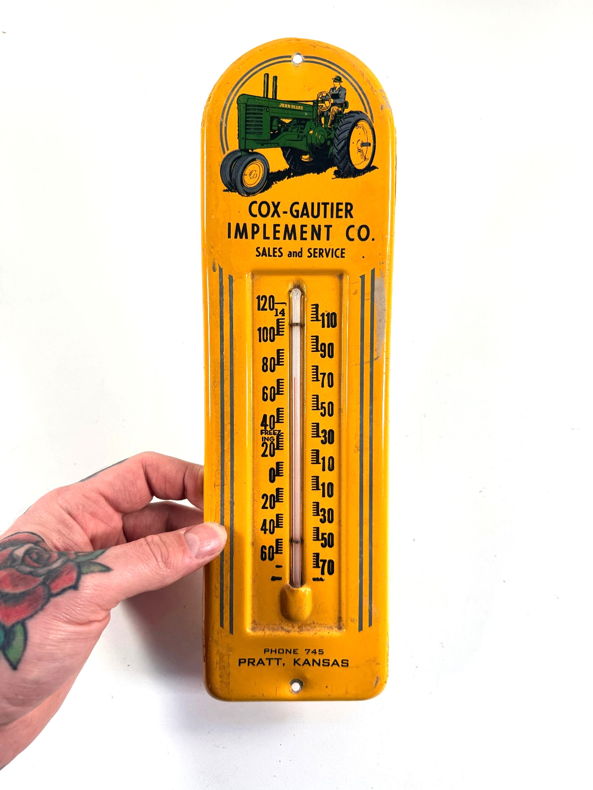 vtg 1950's John Deere Tractor Advertising Thermometer Cox Gautier Pratt KS sign