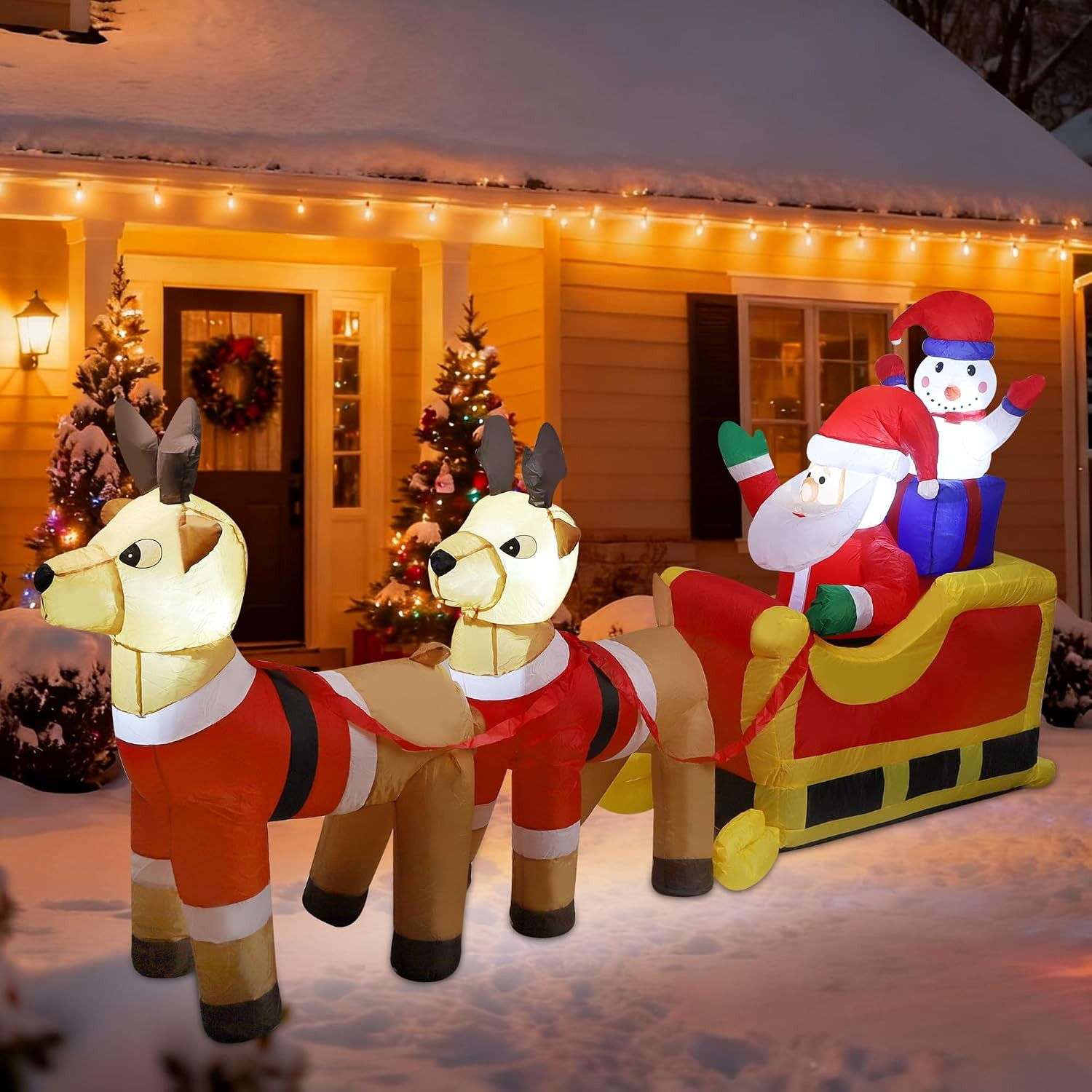 8Ft Long Christmas Inflatable Santa Claus & Snowman on Sleigh with Reindeers, Xm