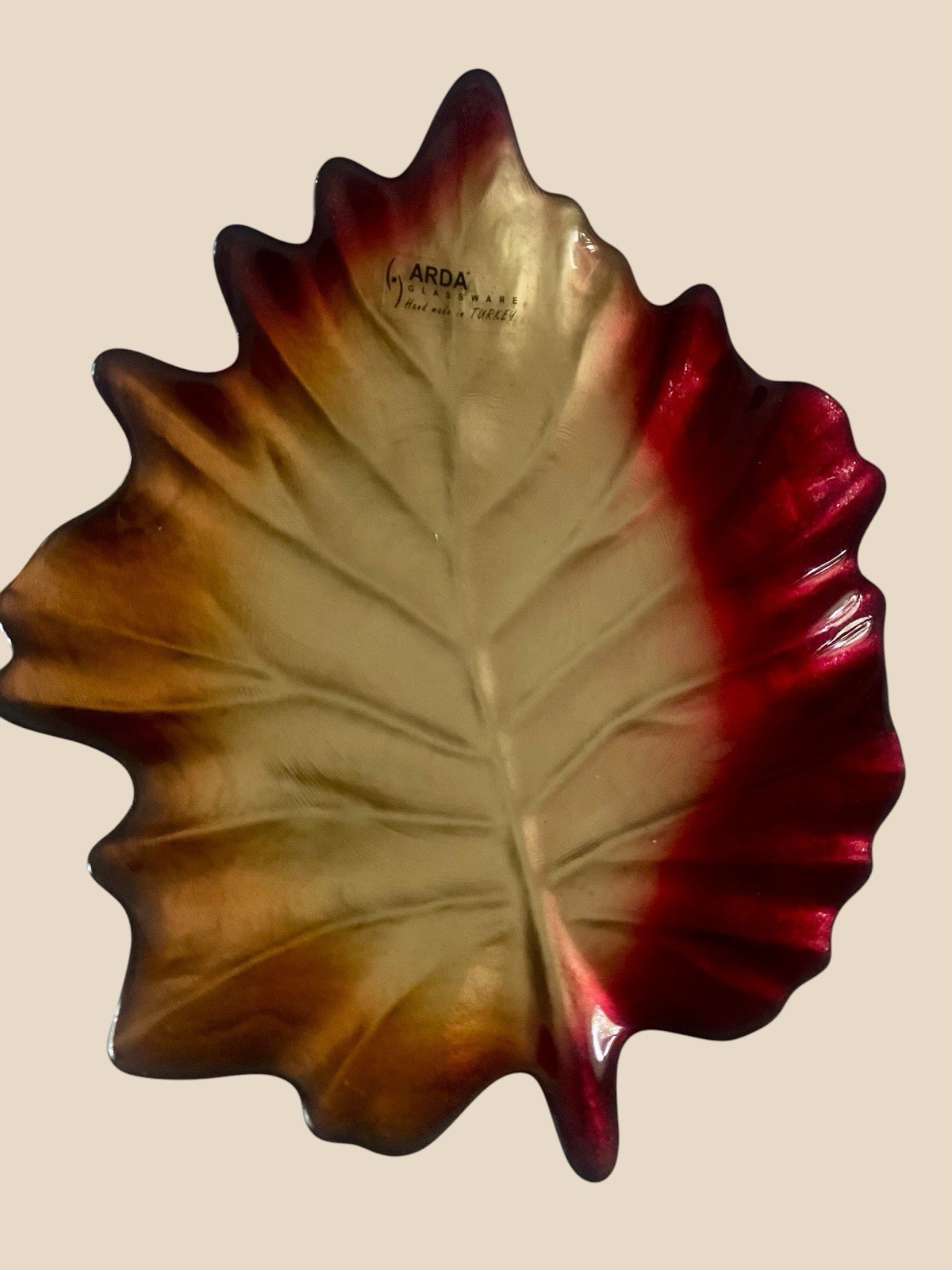 VTG Arda Glassware Autumn Leaf Bowl Tray Iridescent Art Glass Handmade Turkey