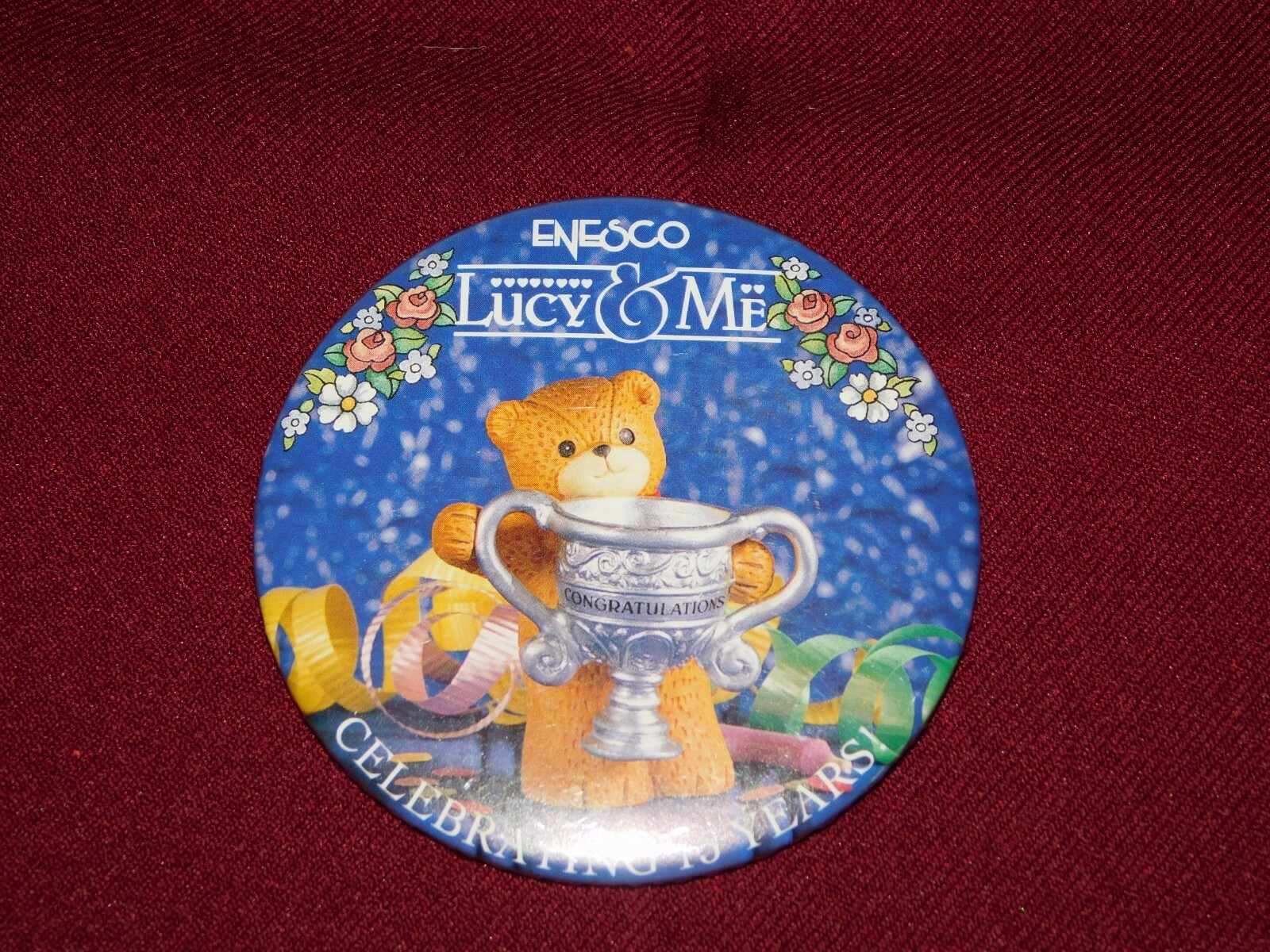VINTAGE PIN BACK BUTTON ENESCO LUCY & ME CELEBRATING 15 YEARS