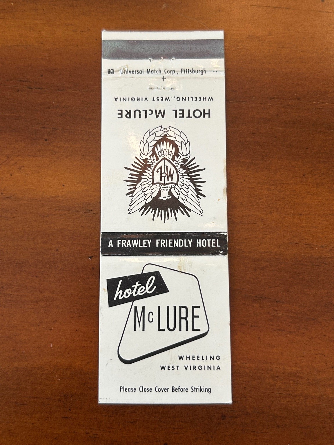 Vintage Hotel McLure Wheeling WV Matchbook Universal Match Corp Mid-Century