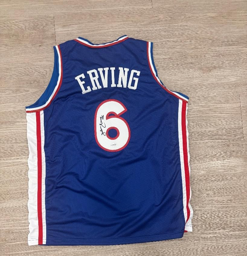 Julius Dr J Erving Signed Philadelphia 76ers #6 Blue Custom Jersey XL COA