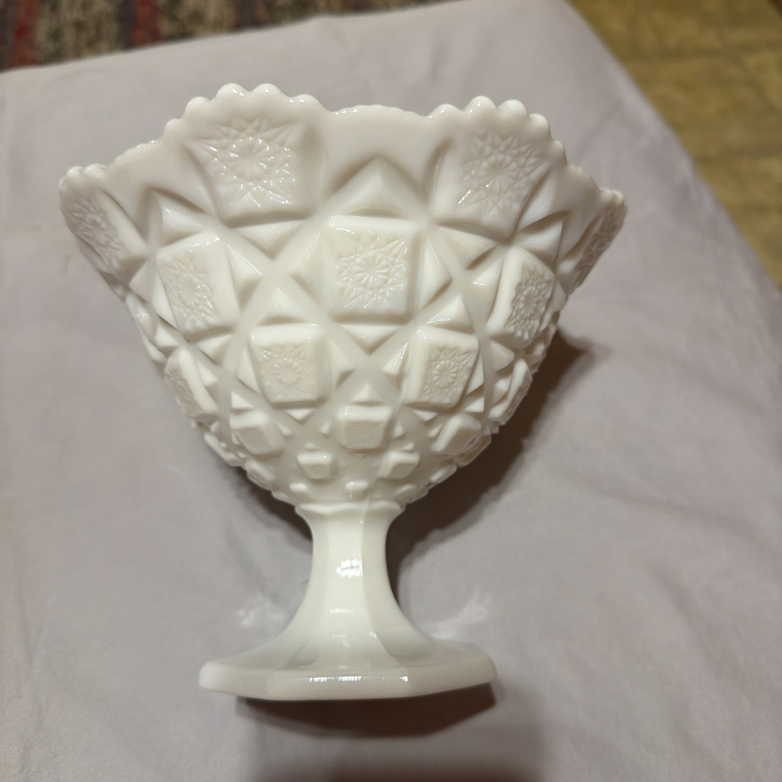 Vtg Westmoreland White Milk Glass Old Quilt Candy Dish 6”Compote Cottage Core