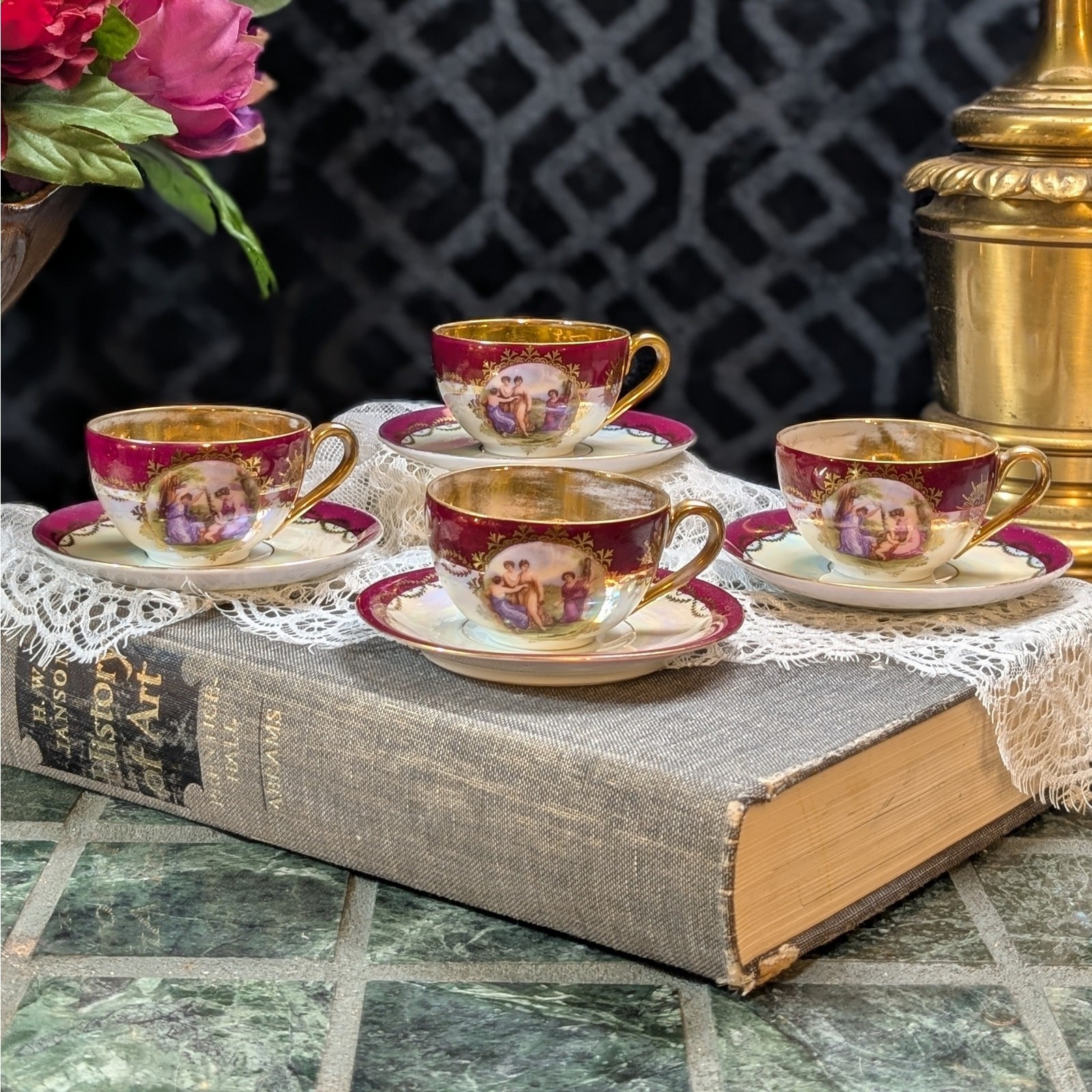 Antique Royal EPIAG Demitasse Cups Saucers Set 4 Pearl Lustre Red 24K Gold Czech