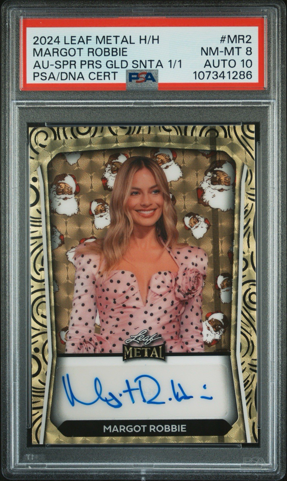 2024 Leaf Metal Holidays Exclusive Margot Robbie Auto Gold Santa 1/1 PSA Auto 10