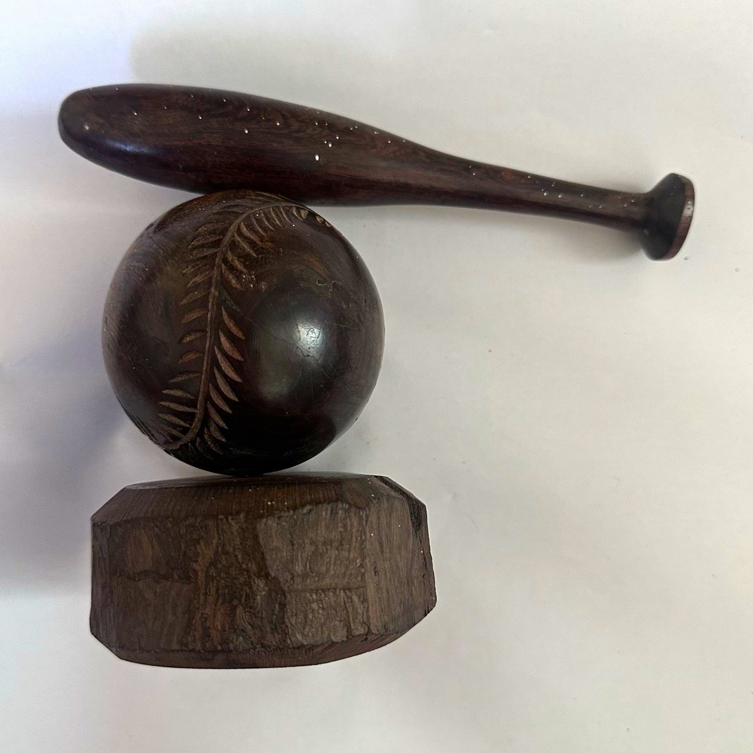 Collectible Vintage Hand-Carved Wood Baseball Bat & Ball Sculpture Figurine
