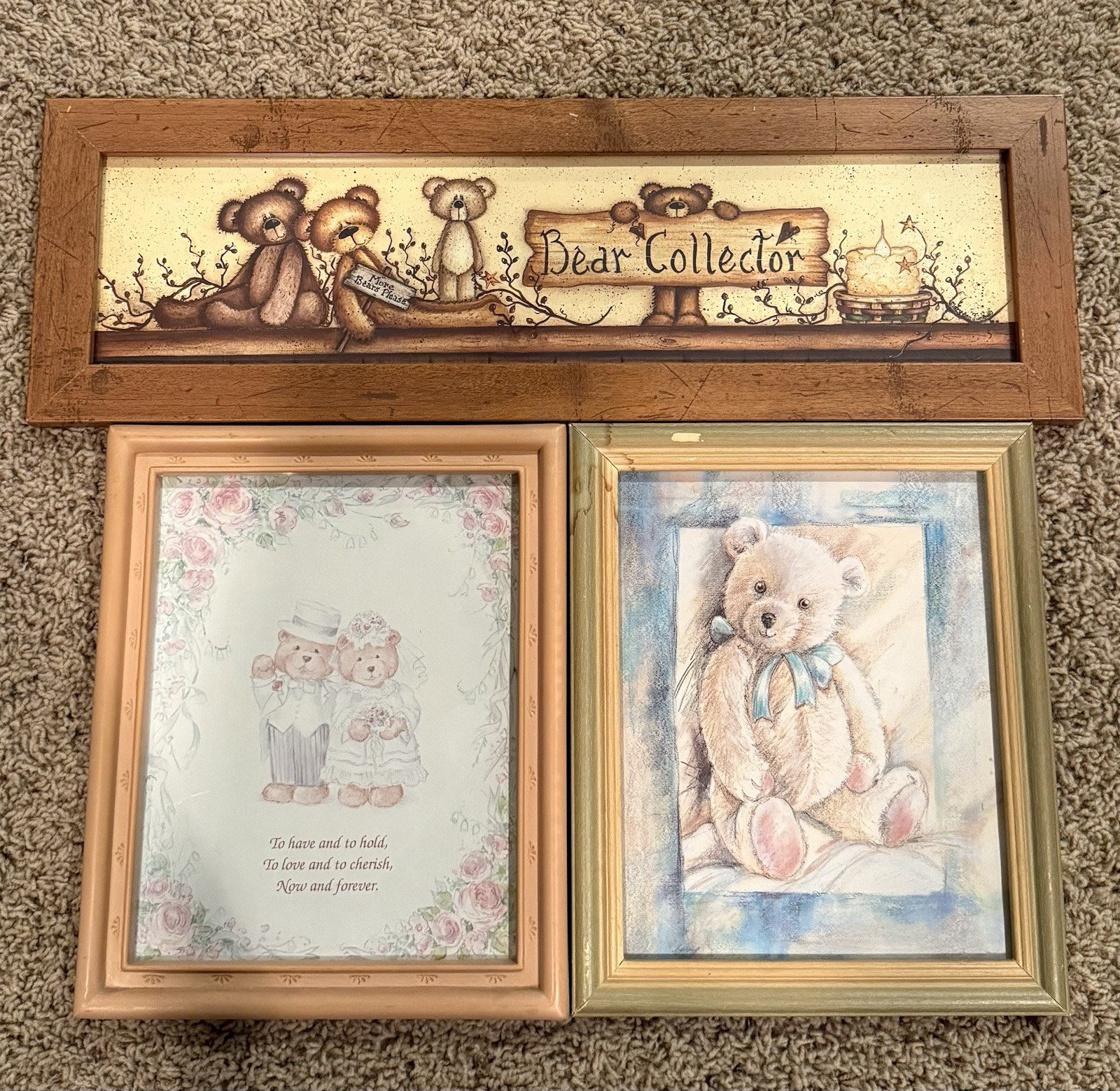 Vintage Teddy Bear Framed Pictures (2) 12x10 And (1) 22x8