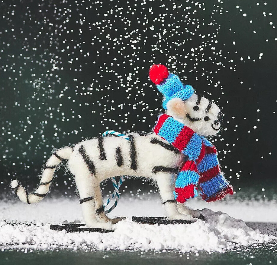 Anthropologie Bundled Up Tiger Ornament Snowshoes Scarf White Cat Snow Sport NEW