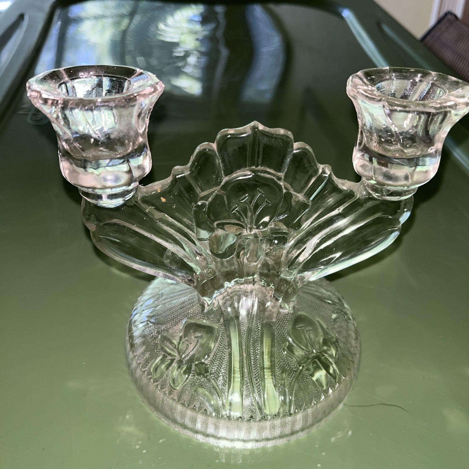 Iris and Herringbone Double Candleholder Clear Depression Glass
