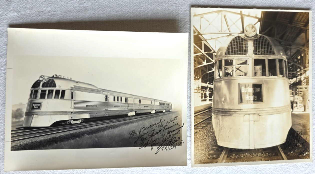 1935 CB&Q Burlington Mark Twain Zephyr 8x10 Vintage Photos Inscribed Lot of 2