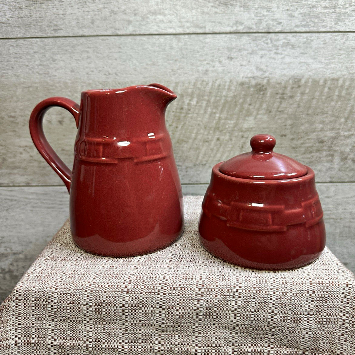 Longaberger Pottery Woven Traditions Paprika Creamer & Covered Sugar Bowl Set