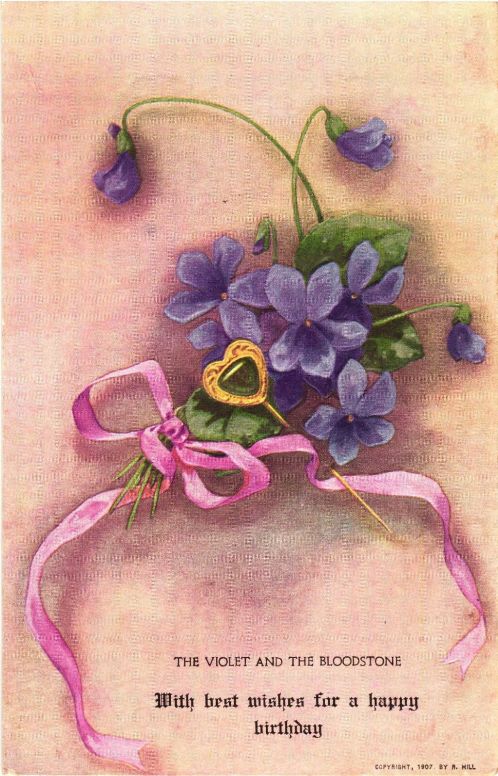 Birthday Violets Bloodstone Postcard 1907 R. Hill Embossed Divided Back Posted Birthday Violets Bloodstone Postcard 1907 R. Hill Embossed Divided Back Posted