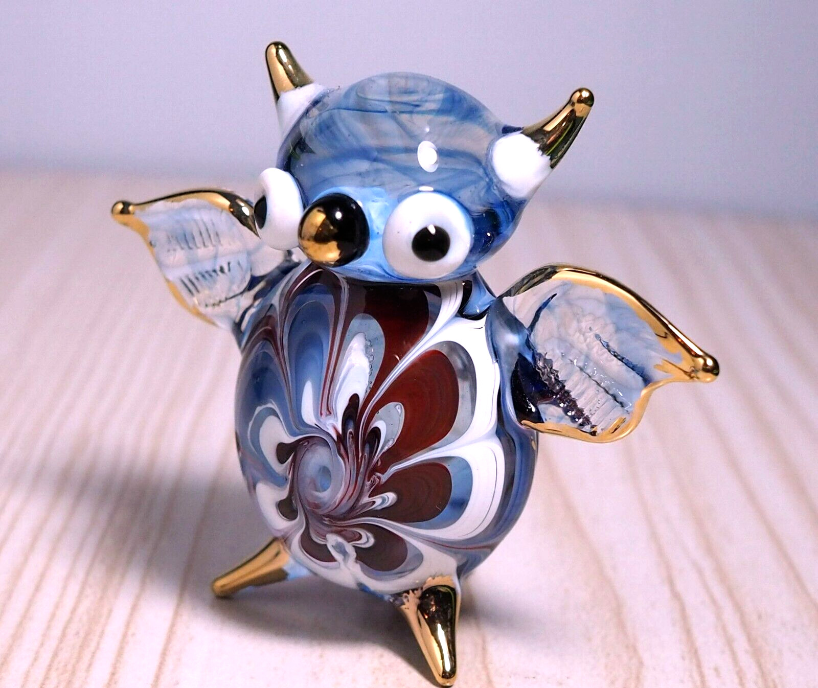 Blue Owl figurine bird hand blown art Glass art gold trim 2.25