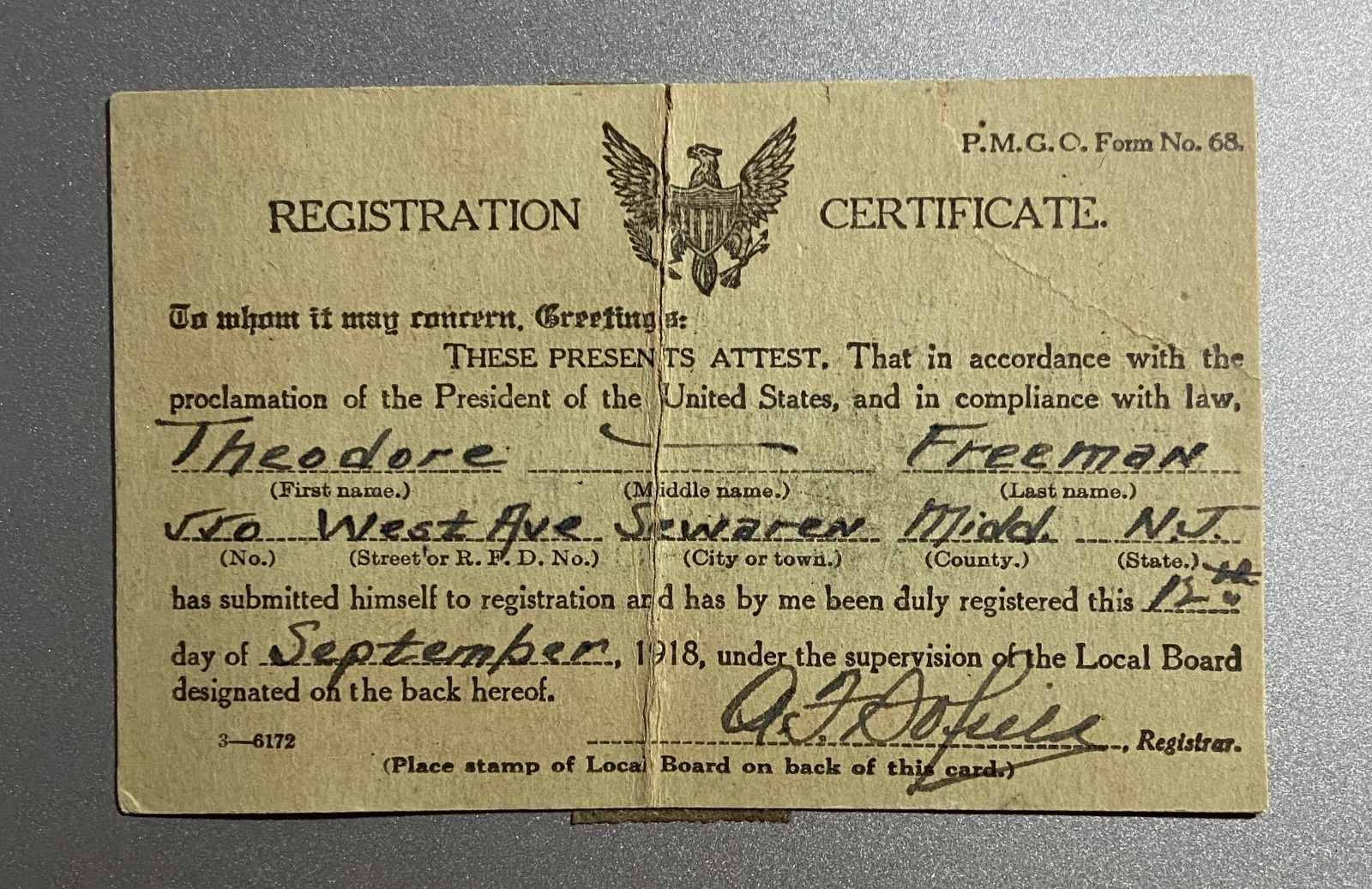 Antique 1918 WWI US Military Draft Registration Certificate Card New Jersey
