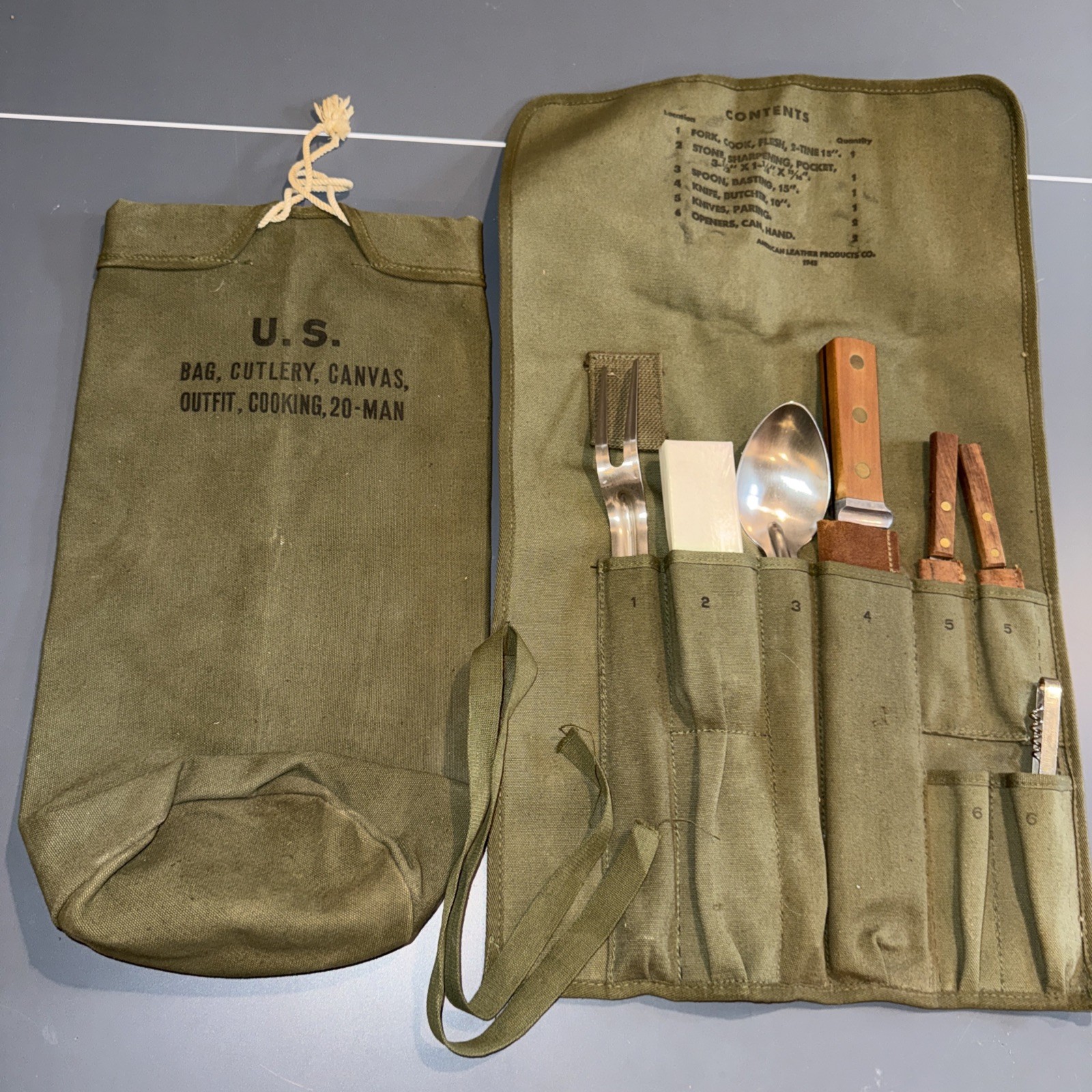 WWII US ARMY 20 MEN COOKING COOK OUTFIT CUTLERY ROLL& BAG 1945 Utensils