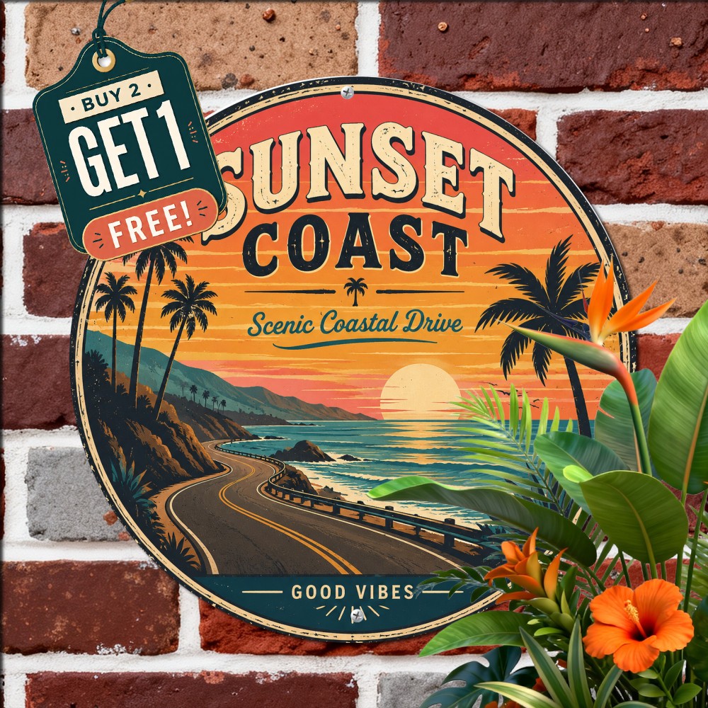 Beautiful Coastal Beach Ocean Sunset Graphic Round Metal Tin Sign Wall Plaque