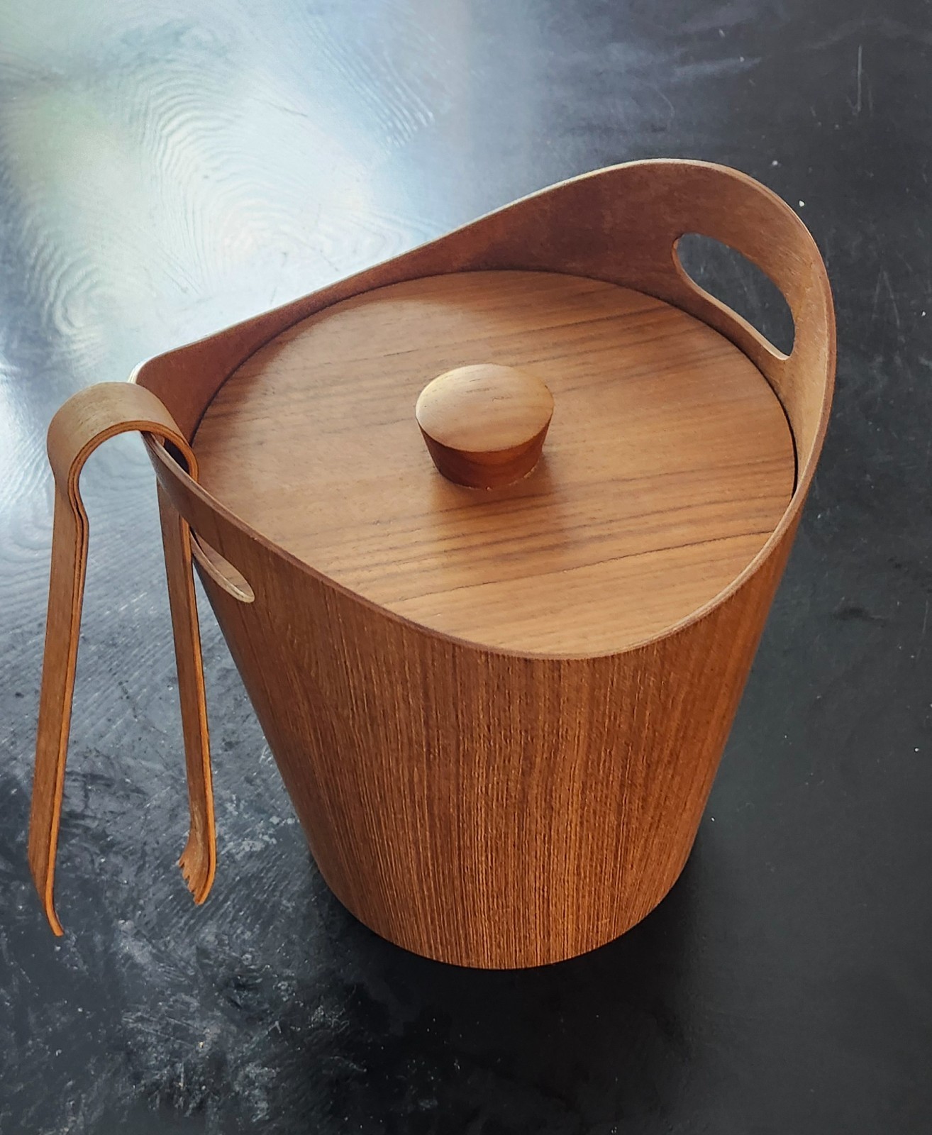 VINTAGE Ice Bucket Teak Bent Wood w/ Tongs