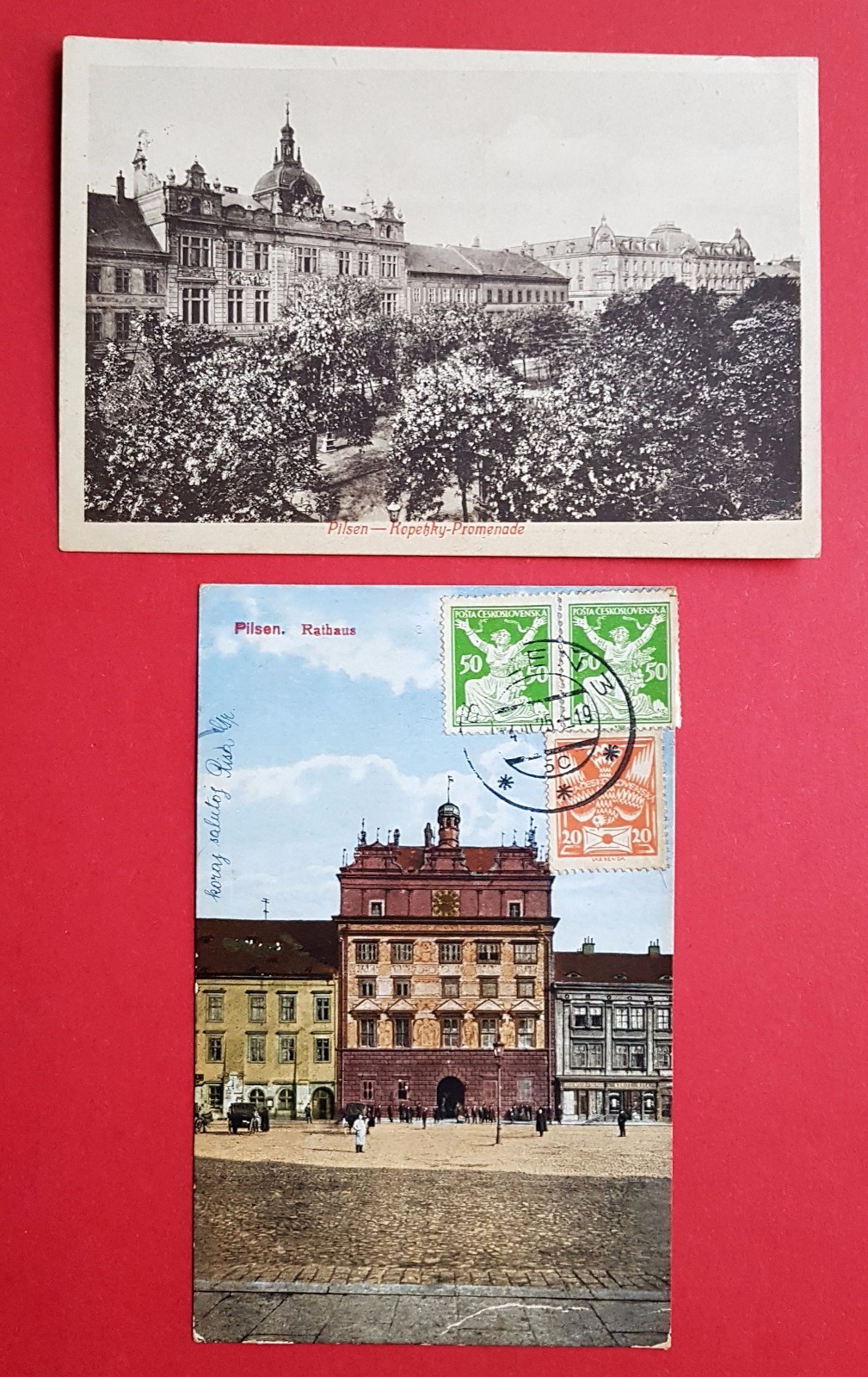 2 x Postcard Pilsen in Bohemia 1925 Kopetzky Promenade and City Hall (22659