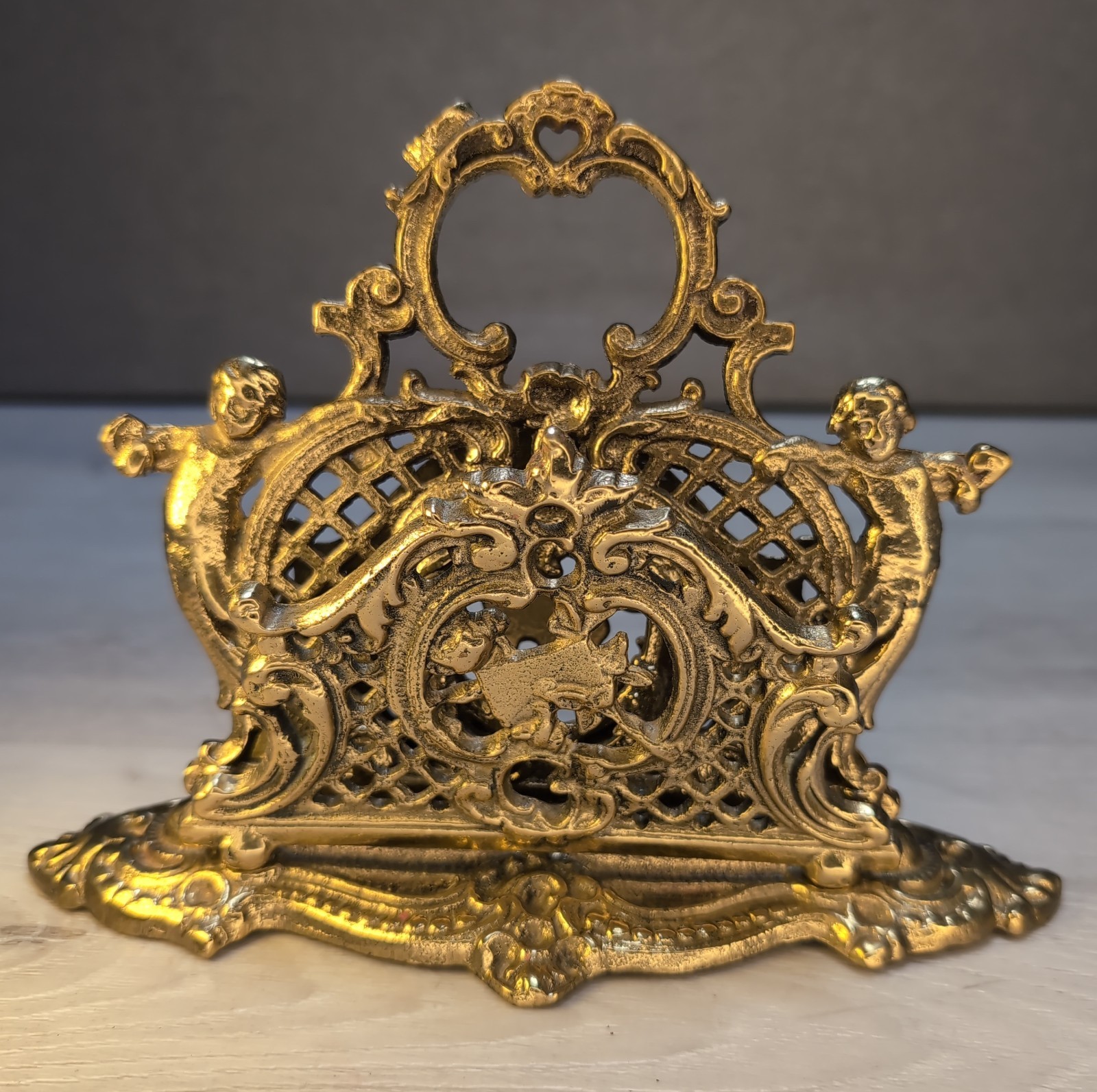 Vintage Victorian Style Ornate Solid Brass Letter Rack 3-Slots Cherubs Heavy